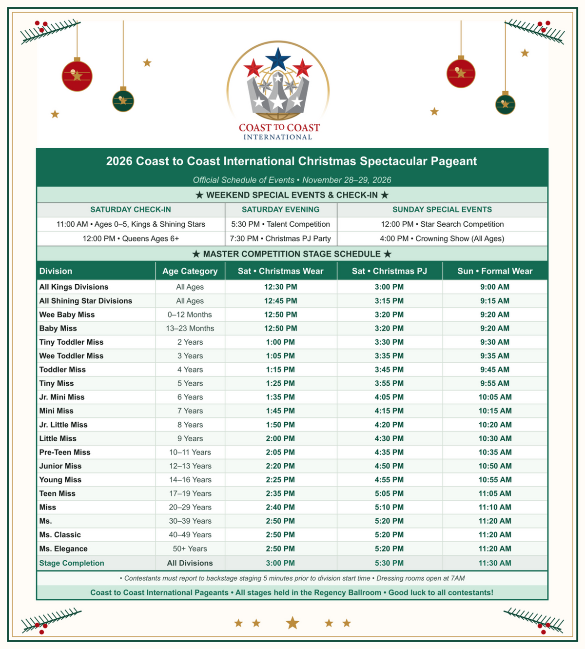 Official Christmas Spectacular full schedule — November 28–29, 2026