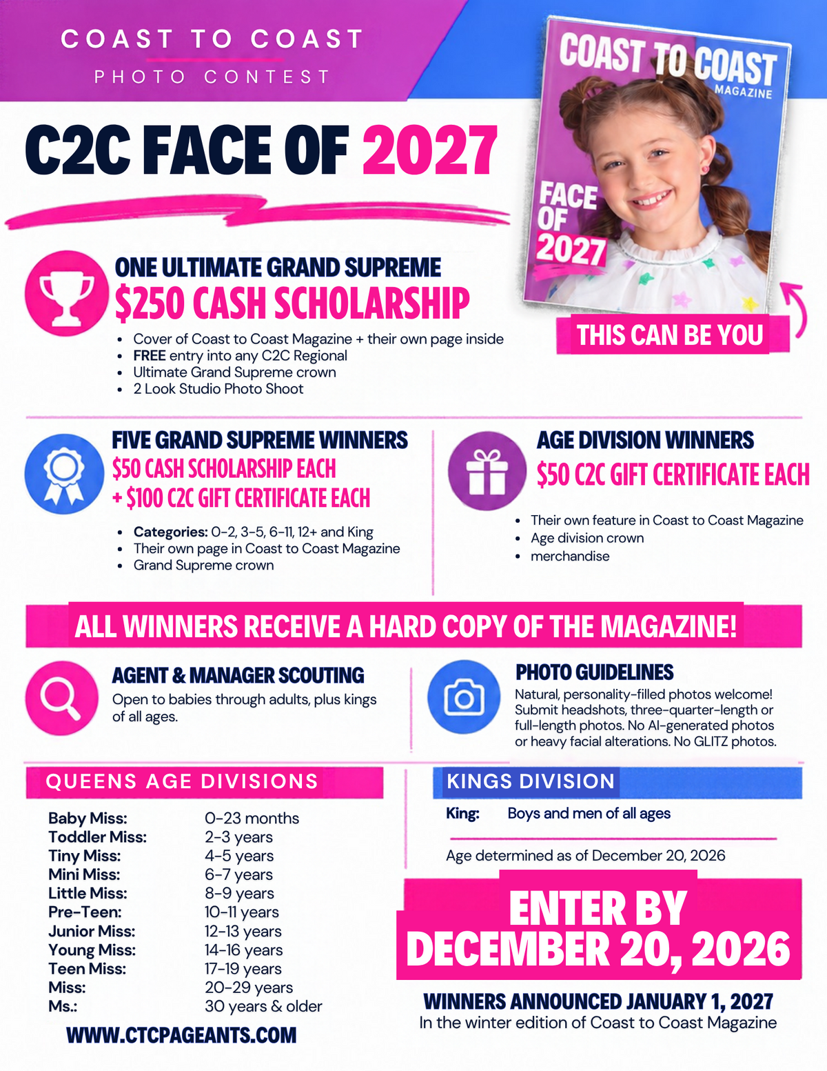Face of 2027 official prizes, age divisions and photo guidelines
